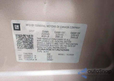 2018 Chevrolet Equinox Lt из США, поврежденный, VIN 2GNAXSEV7J6242686